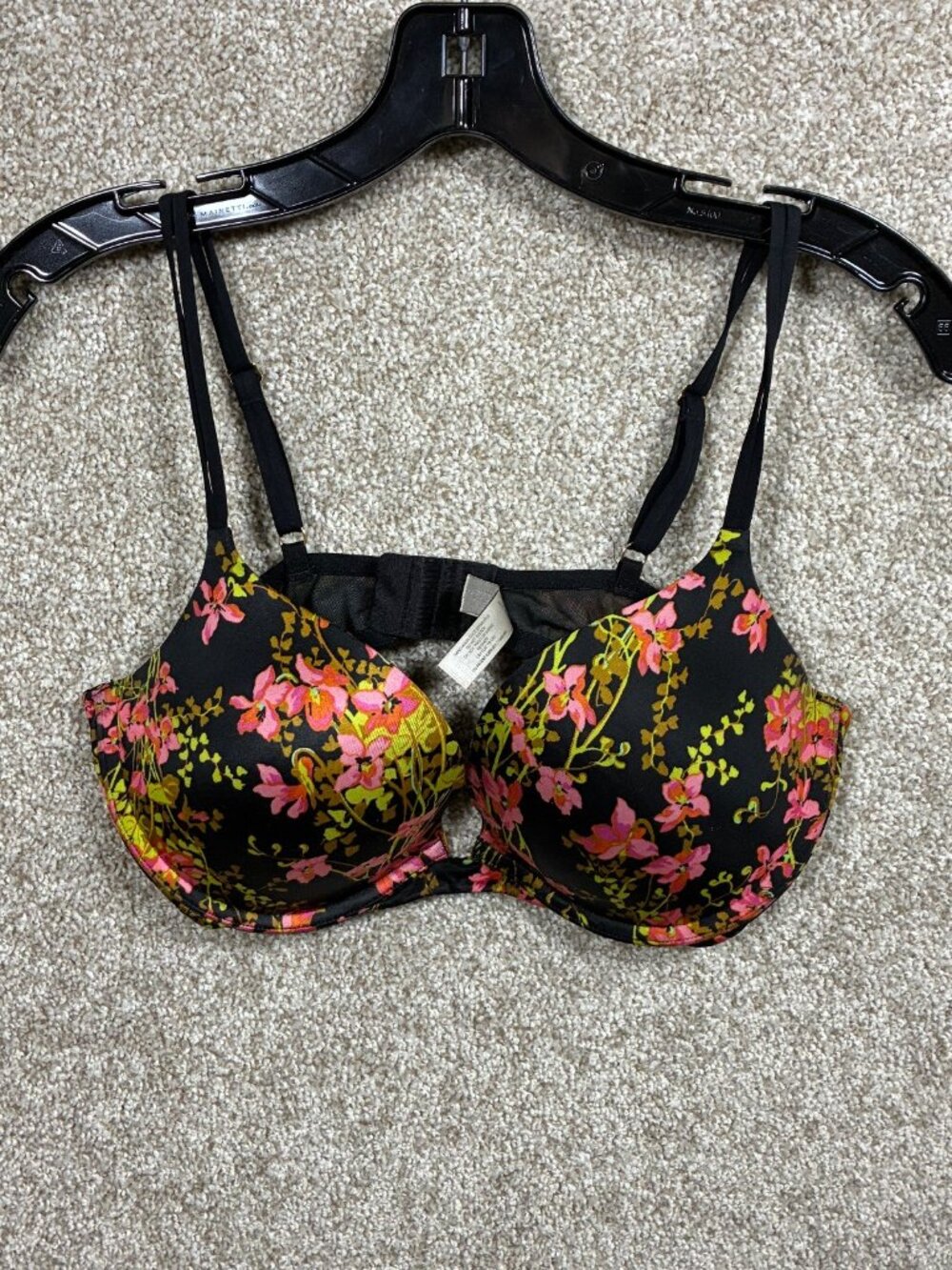 Victoria's Secret Bra 38C Black Floral Push Up Underwire Pink Green Adjustable